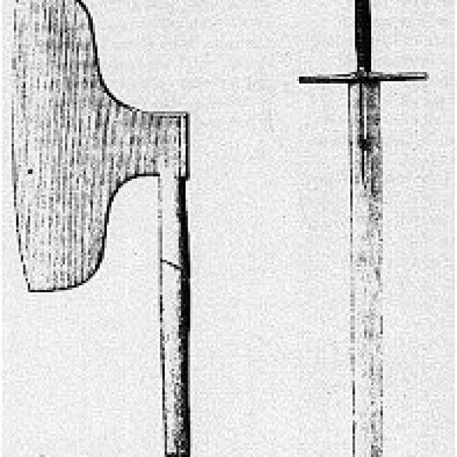 black and white drawing of a broad axe